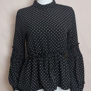 Boohoo Black and White Polka Dot Volume Sleeve High Neck Blouse size 4